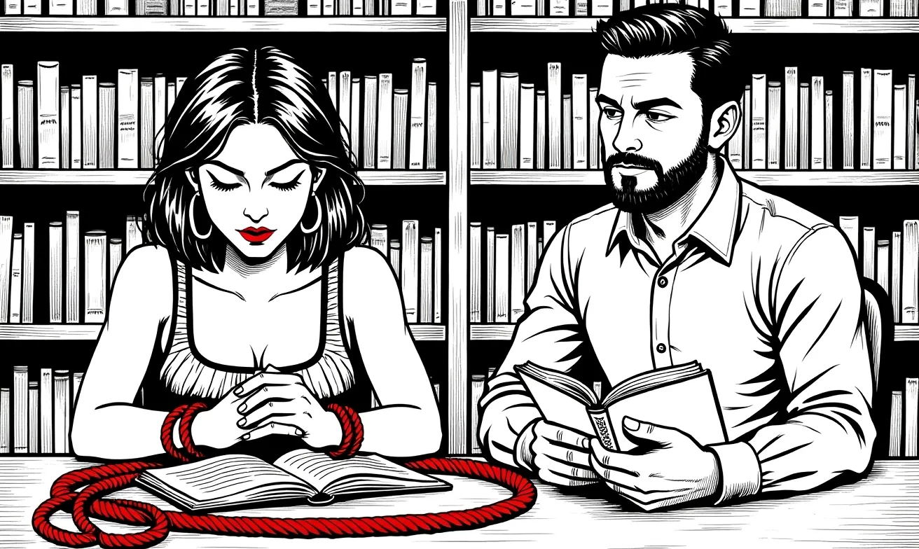 Black-and-white-and-red ink illustration of two figures in a library or study setting, both reading research material — the BDSM community engaging with its own data.