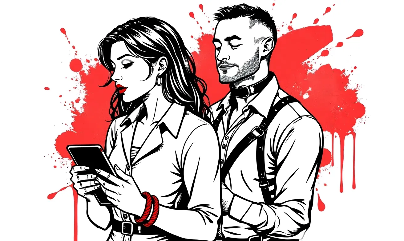 Black-and-white-and-red ink illustration of two figures reviewing research data on a tablet — scholarly mood, the BDSM community reading itself.