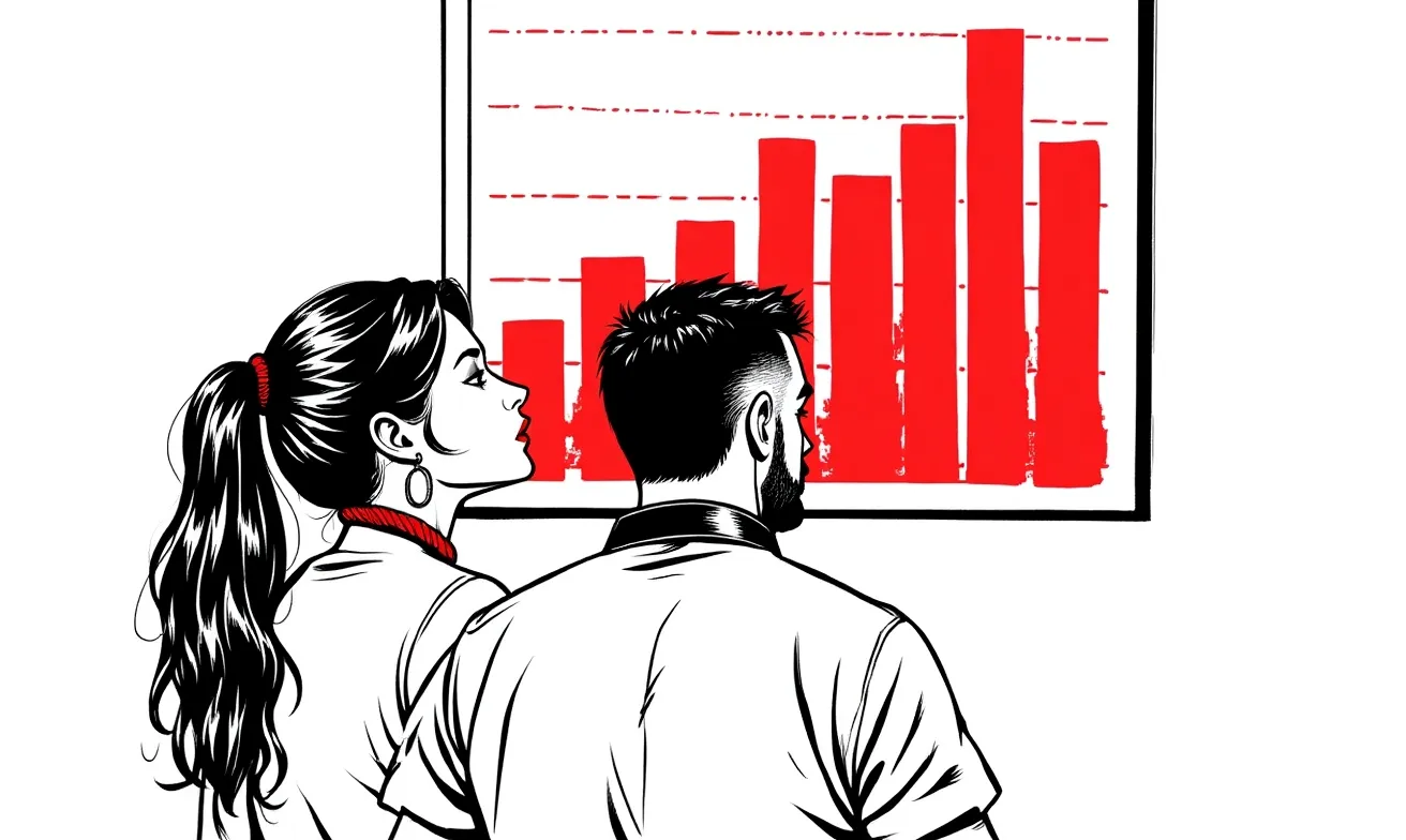 Black-and-white-and-red ink illustration of two figures contemplating a large red data visualization on a wall — the BDSM community as research subject.