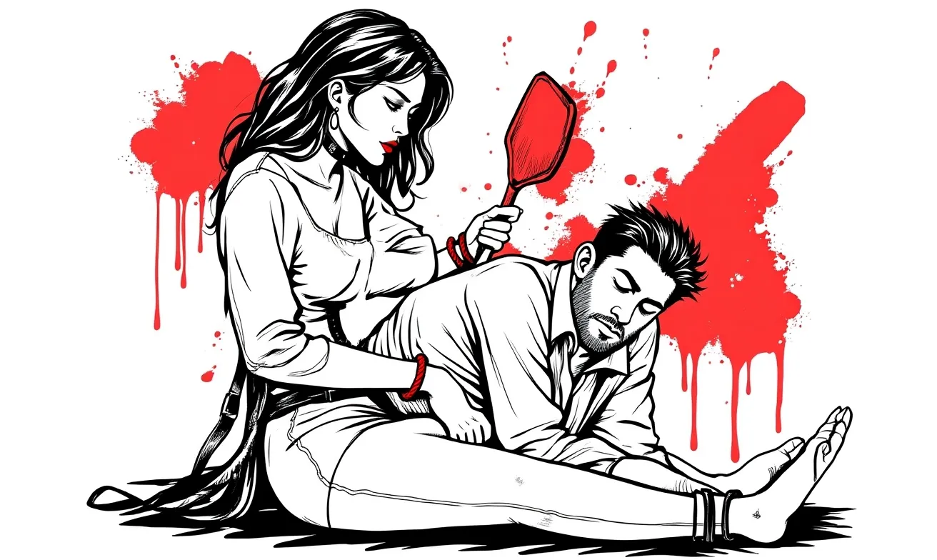 Black-and-white-and-red ink illustration of a counting-correction moment — a paddle paused mid-air while the tamer checks the brat's face.