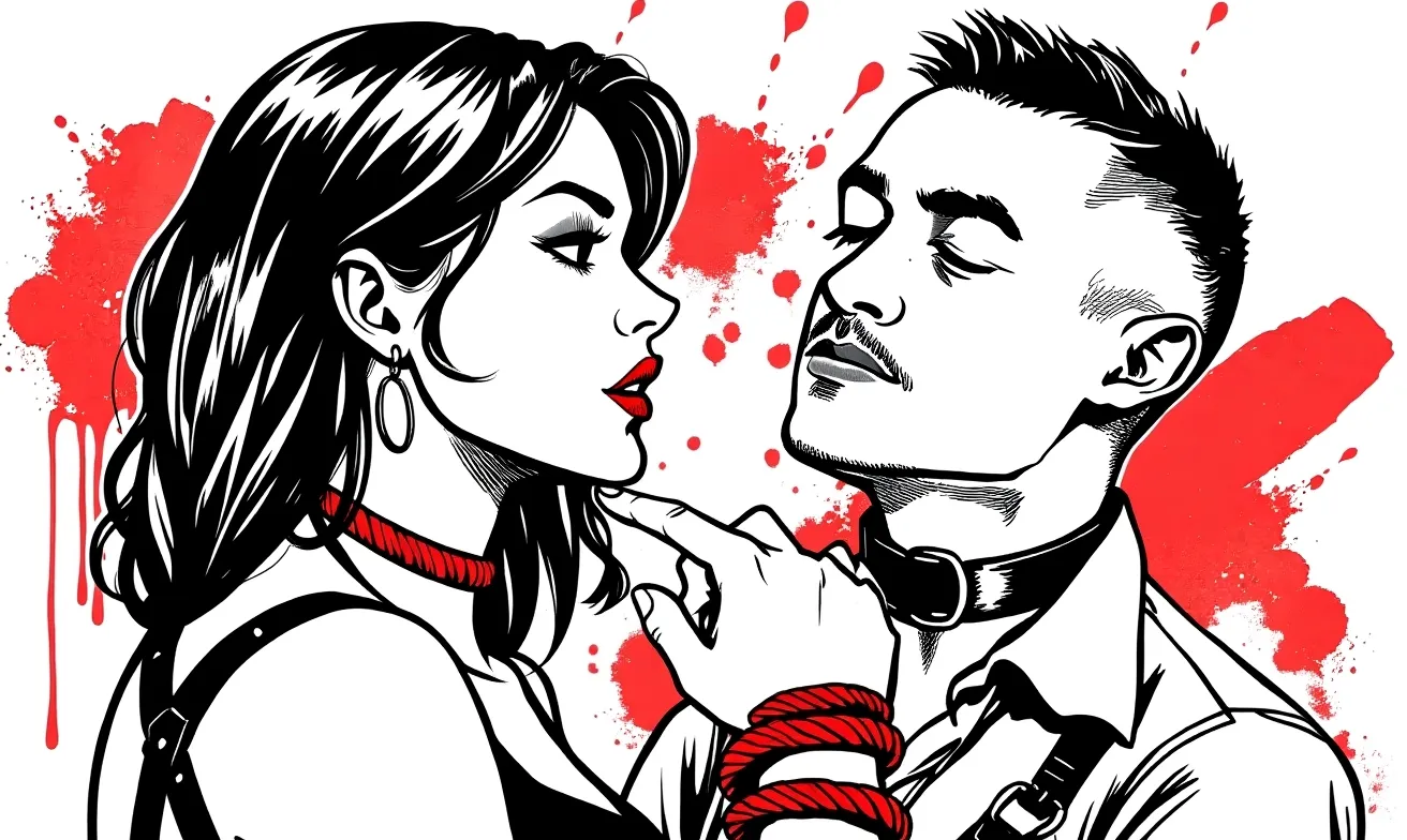 Black-and-white-and-red ink illustration close-up of a wrist-check moment — the brat caught mid-eye-roll while the tamer holds composure.