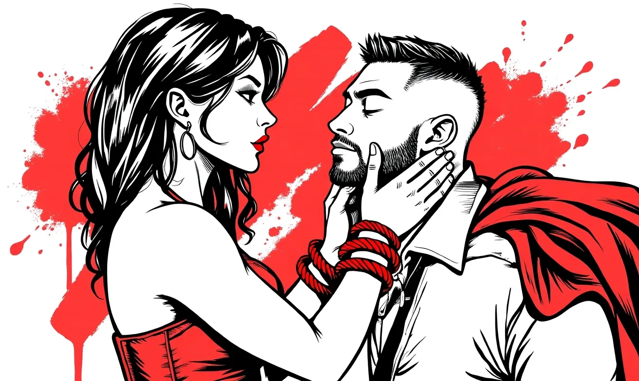 Black-and-white-and-red ink illustration of post-scene aftercare — two figures holding each other quietly under a red blanket.
