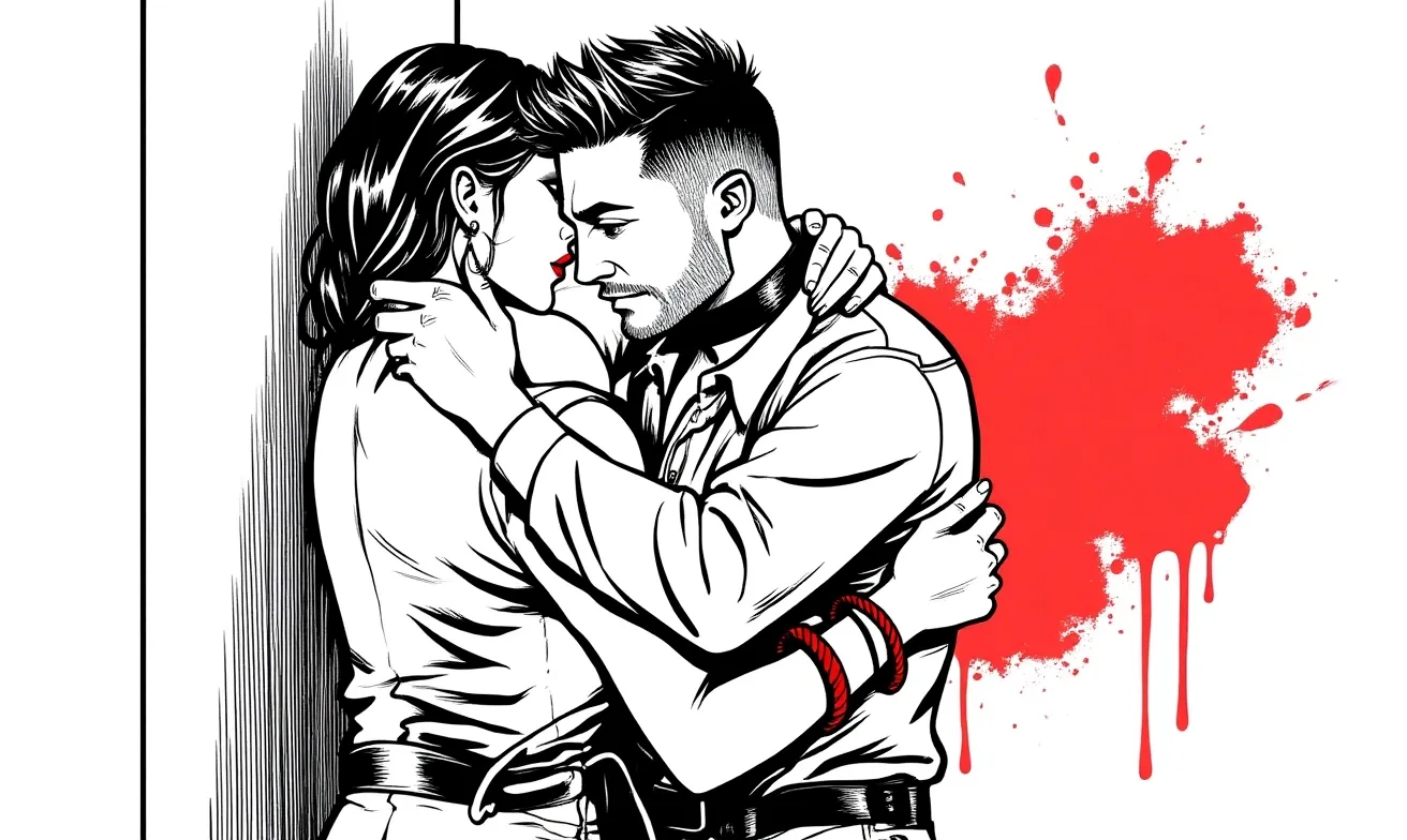 Black-and-white-and-red ink illustration of a pinning scene mid-pursuit — the kinetic energy of CNC chase dynamics.