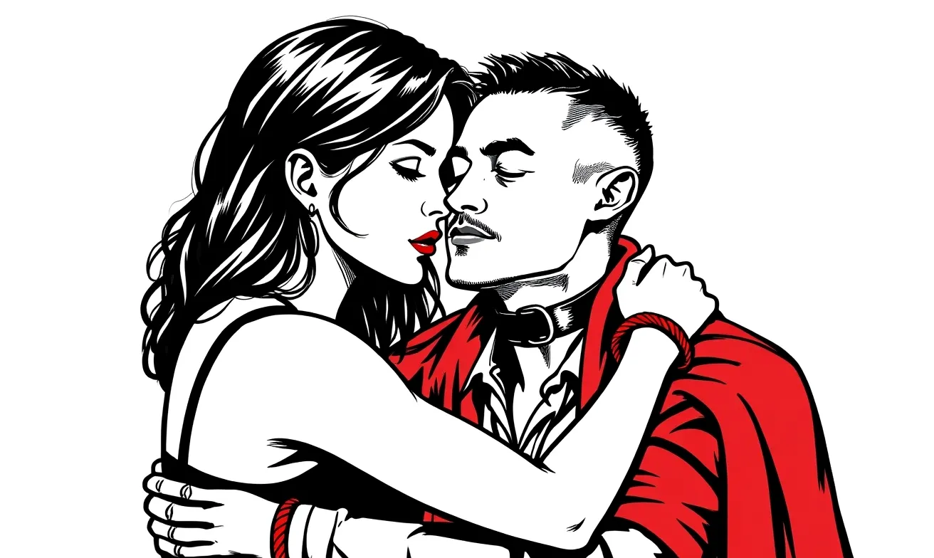 Ink illustration of a dominant woman holding her partner close after a scene, a red blanket draped over his shoulders — tender gentle-femdom aftercare.