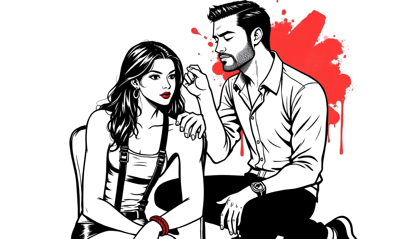 Ink illustration of a seated dominant woman with her partner kneeling devotedly at her side, her hand resting in his hair — the calm, warm authority of a female-led dynamic.