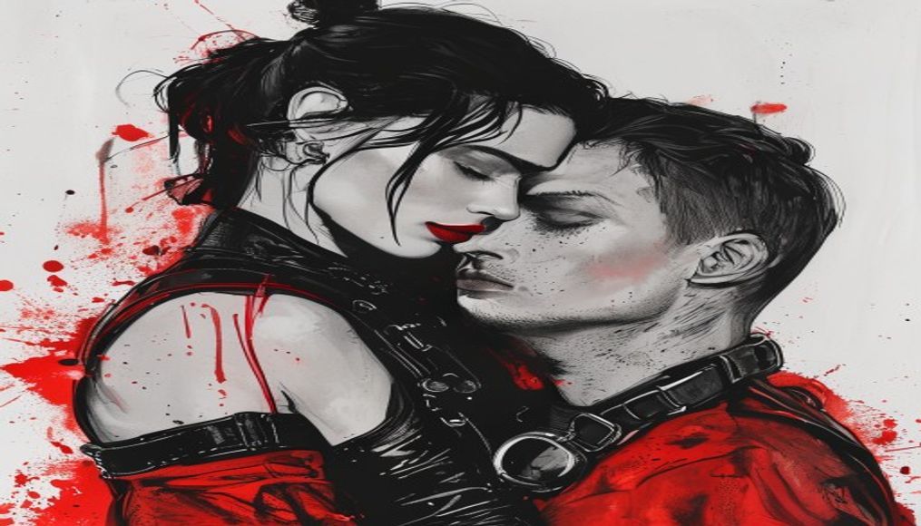 Illustration of aftercare, a woman cradling a collared partner under a red blanket, KNKI ink style