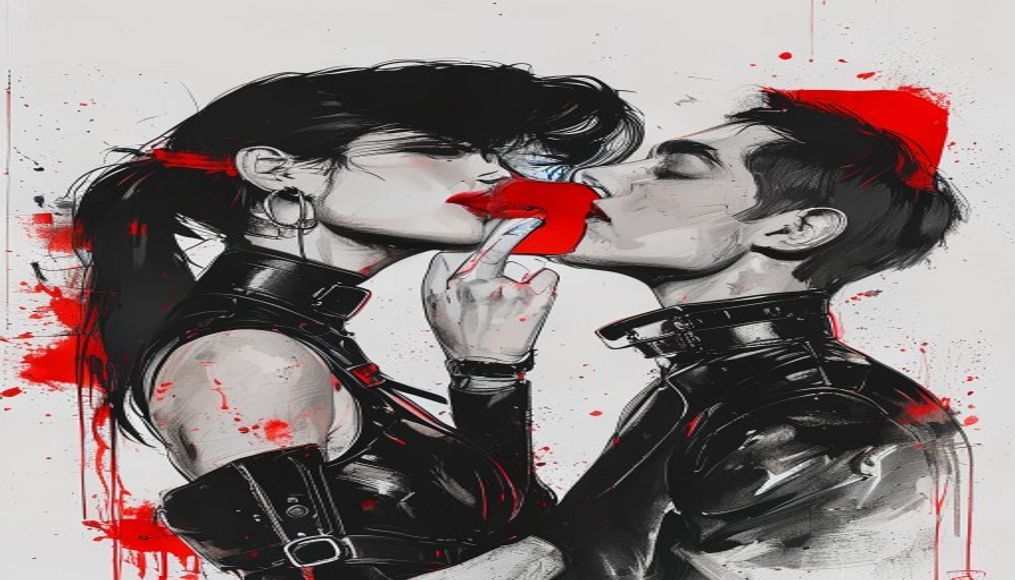 Illustration of a dominant woman pressing a finger to a collared submissive man’s lips while holding a red signal card, in KNKI’s black-white-red ink style