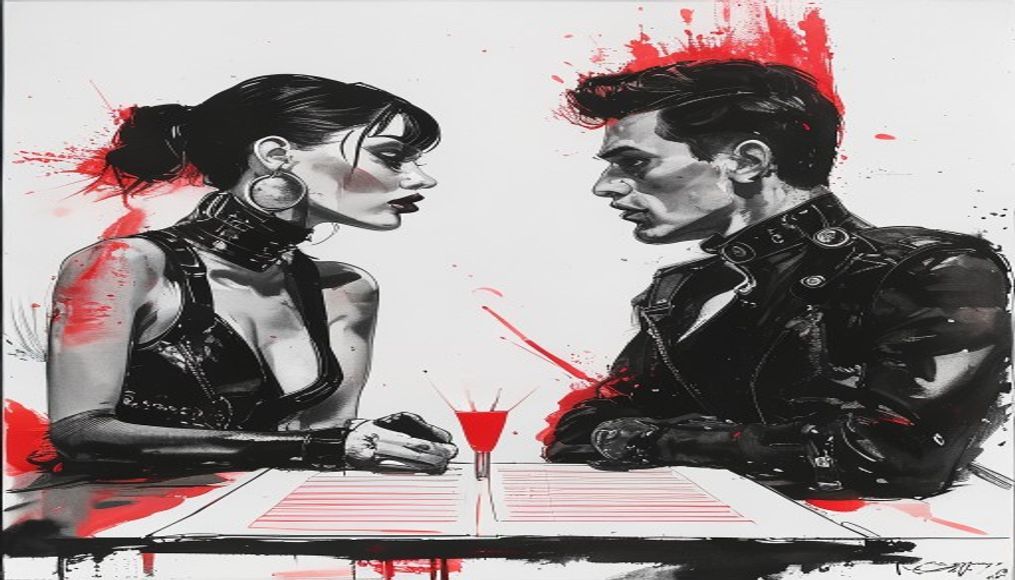 Illustration of two partners negotiating a CNC scene at a table with a red checklist between them, KNKI ink style