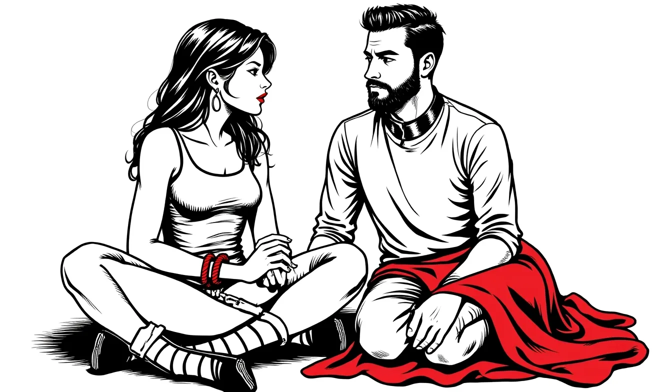 Ink illustration of a couple sitting close and talking as equals after a scene — the debrief that turns a nervous first try into a repeatable dynamic.