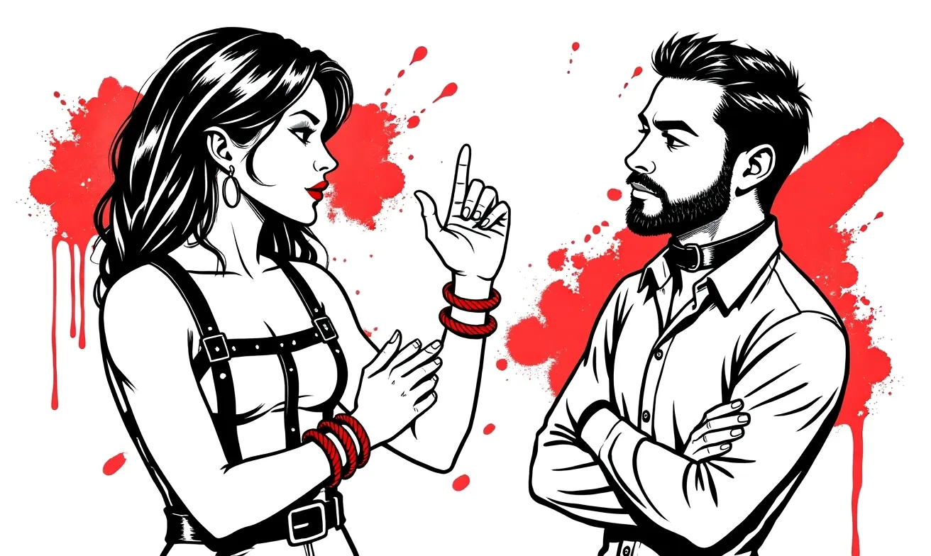 Ink illustration of a dominant woman giving a single clear instruction with one raised hand while her partner listens — the calm, warm authority of a first femdom scene.