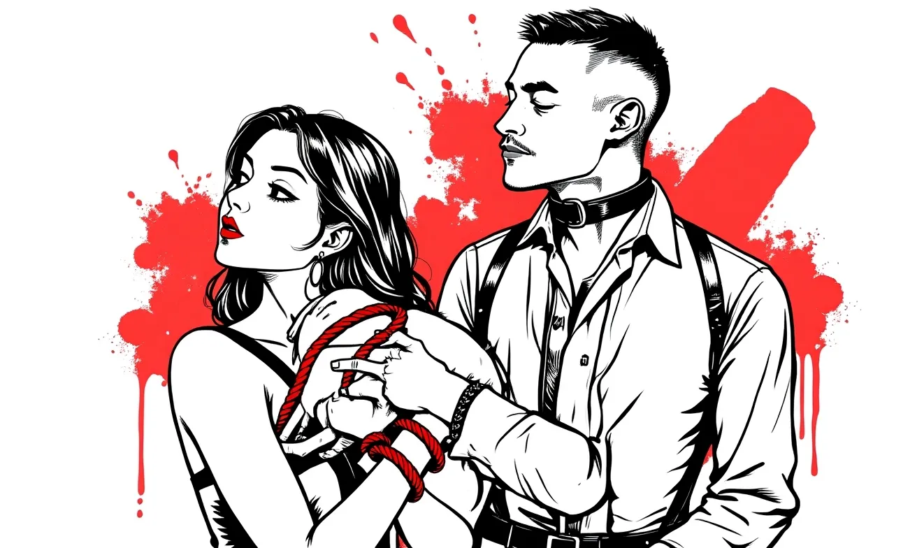 Black-and-white-and-red ink illustration of a role-reversal moment — the same two figures with positions inverted from the hero image, demonstrating fluid power exchange.