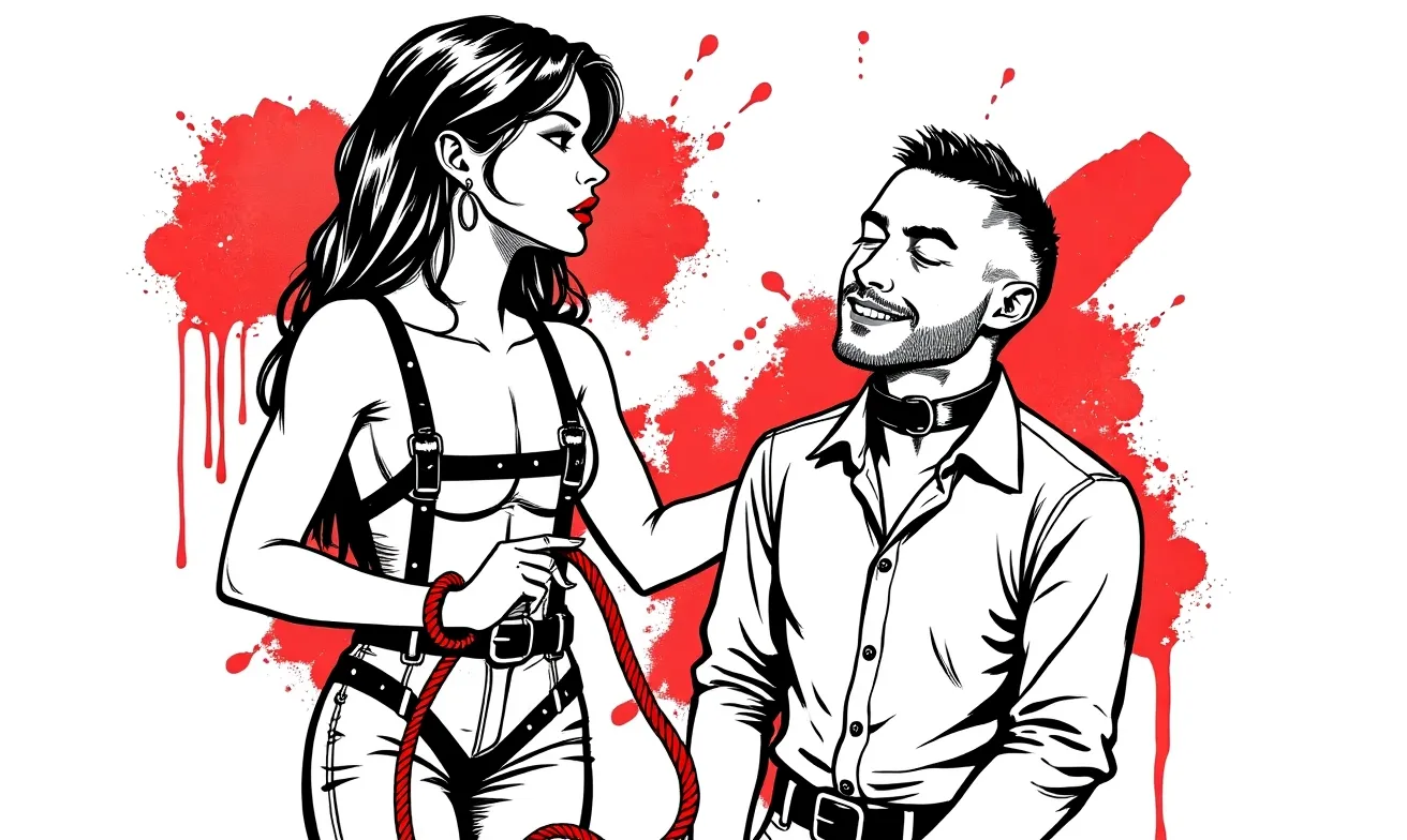 Black-and-white-and-red ink illustration of a switch couple mid-transition — one figure half-rising from kneeling, the other holding a red rope with relaxed posture.