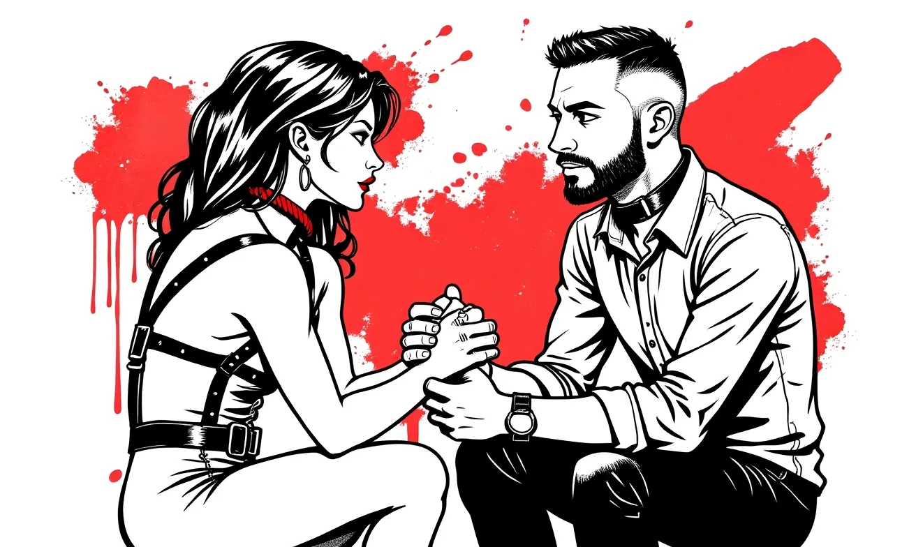Black-and-white-and-red ink illustration of two figures facing each other, hands clasped in mutual negotiation — the role conversation that precedes every switch dynamic.