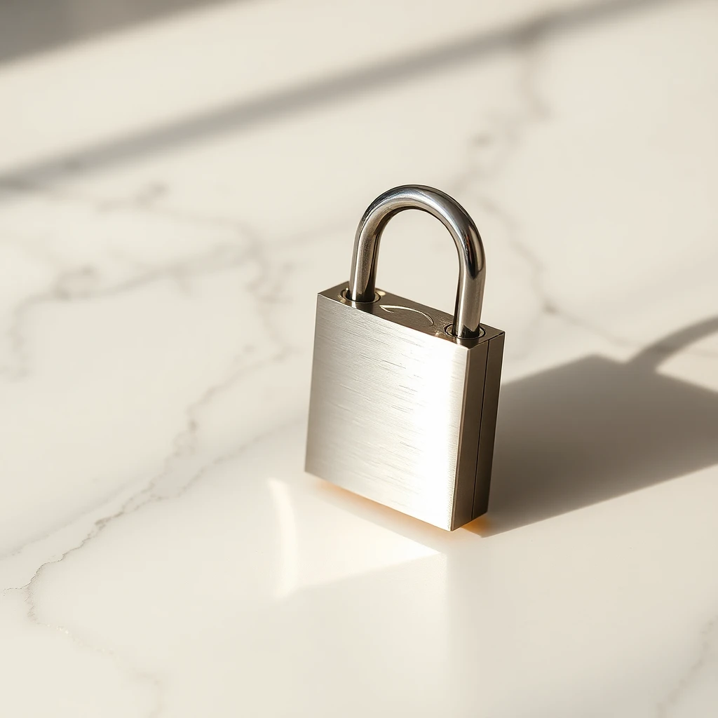 A polished stainless steel padlock on marble — the universal symbol of chastity play