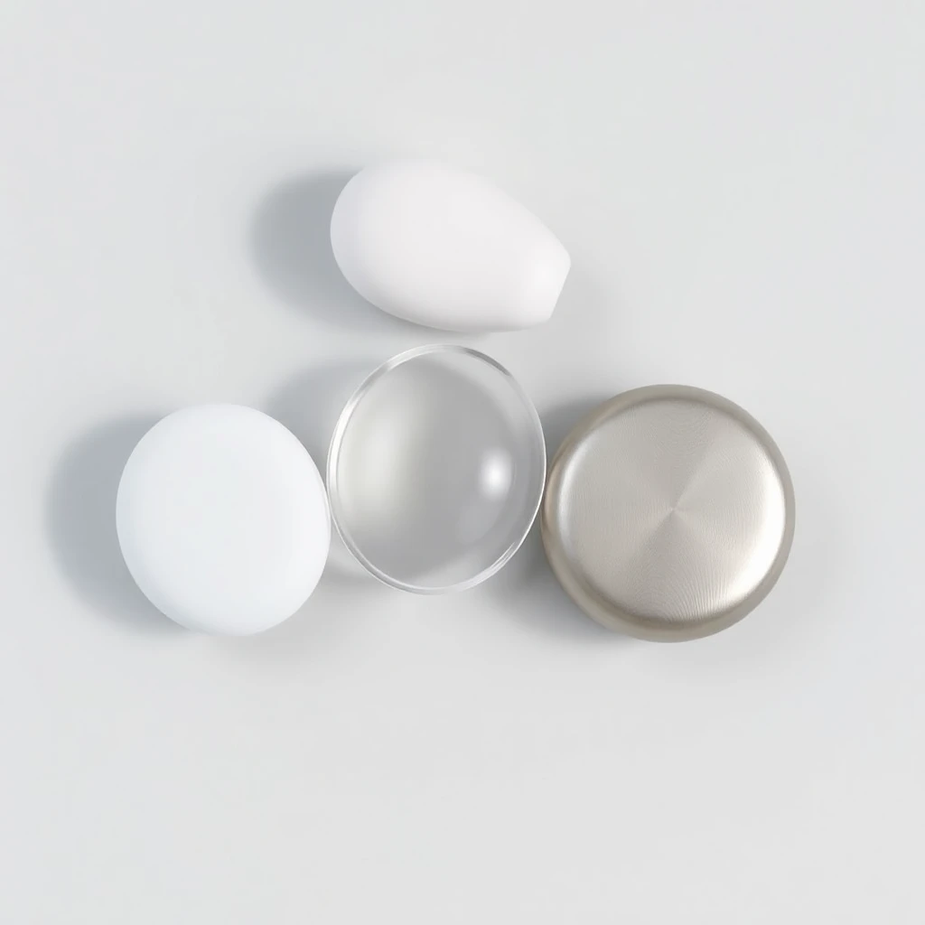 Three cage materials side by side: soft white silicone, clear polycarbonate, and brushed stainless steel