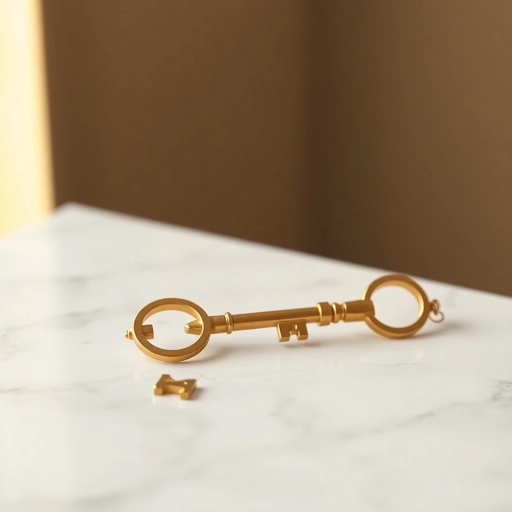 A brass skeleton key on marble — always keep your emergency key accessible within arm's reach