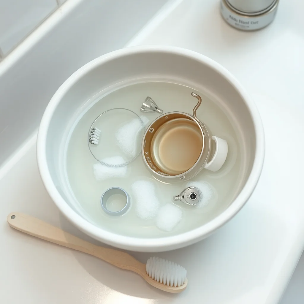 Chastity cage components soaking in warm soapy water during weekly deep clean