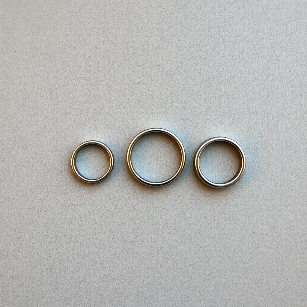 Metal base rings in three sizes — correct sizing is the single most critical factor in safe long-term wear